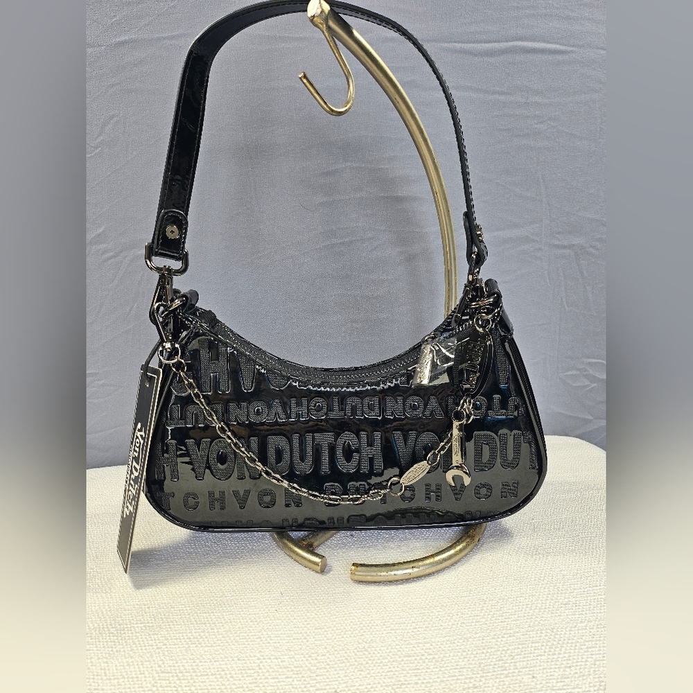 NWT Von Dutch Black Onyx Reflective Mirror Shoulder Bag Wrench Charm Chain